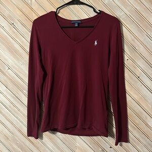 Ralph Lauren Burgundy V Neck Long Sleeve Cotton Soft Shirt Embroidered Logo
